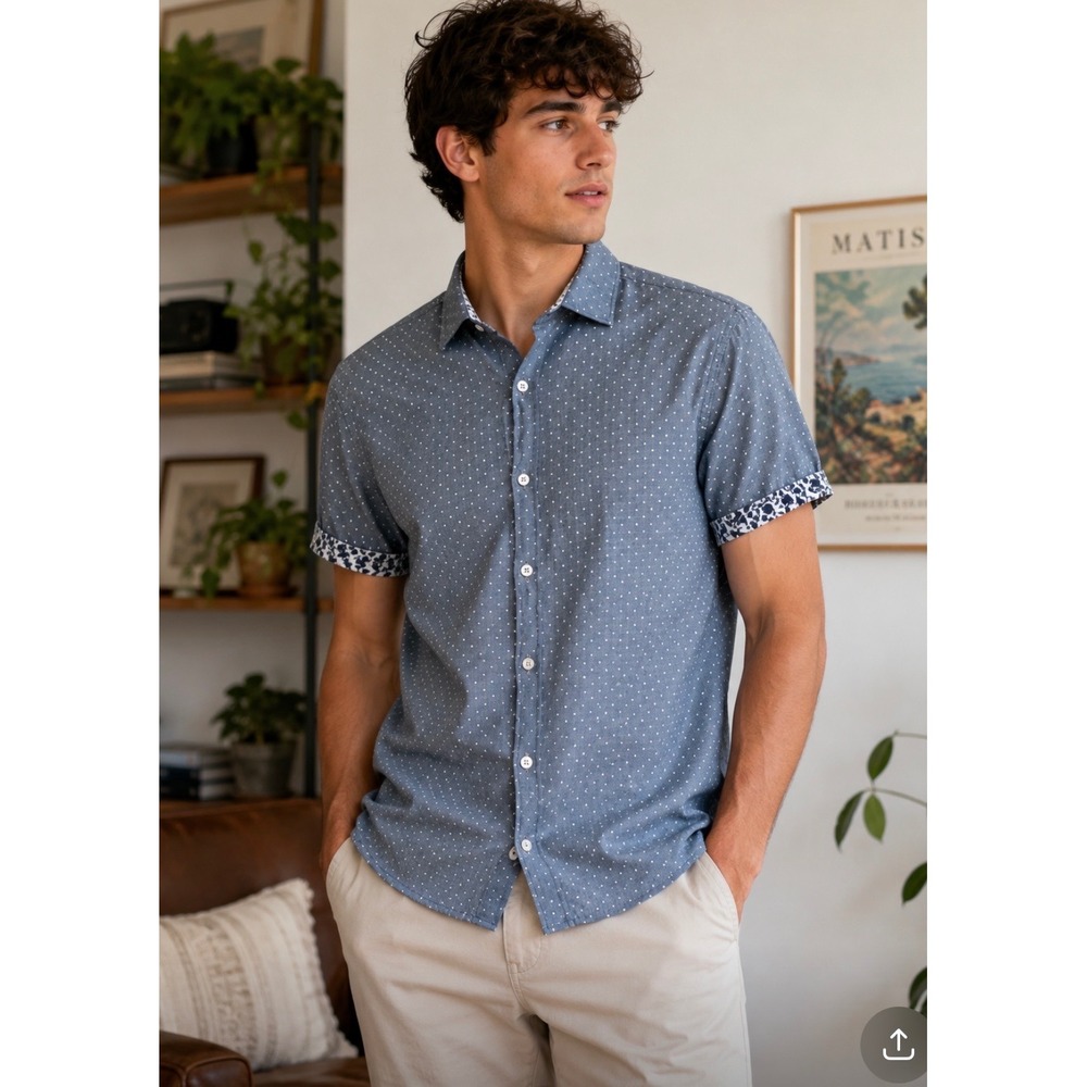 Denim & Flower Mens Blue Polka Dot Short Sleeve Button Down Cotton Shirt‎ L